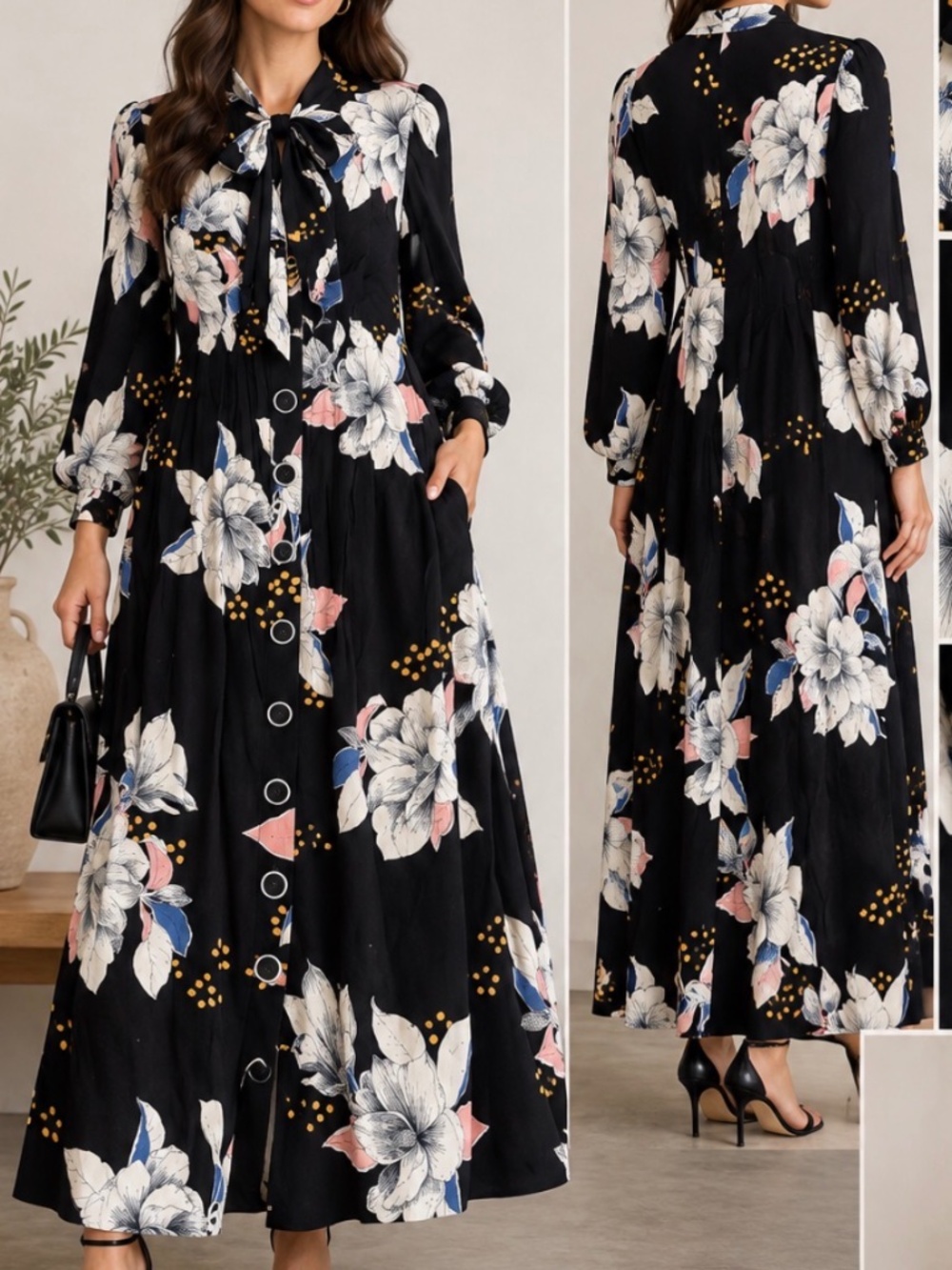 BURU Black Floral Maxi Dress Tie Neck Button Front Long Sleeve Statement